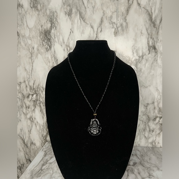 JADE obsidian Black Hand Carved Maitreya Buddah Pendant Necklace - Picture 6 of 9